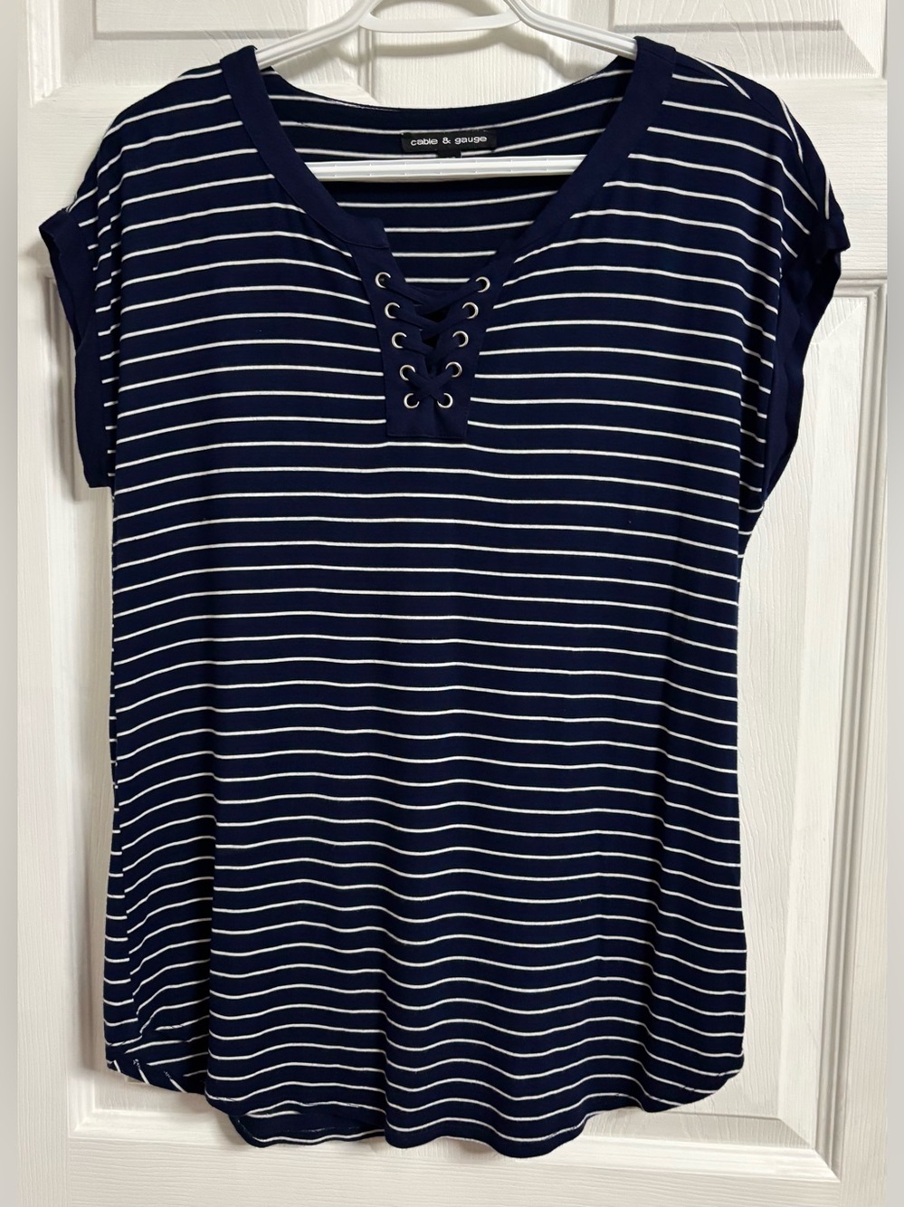 Cable & Gauge Navy & White Striped Lace-Up Tee